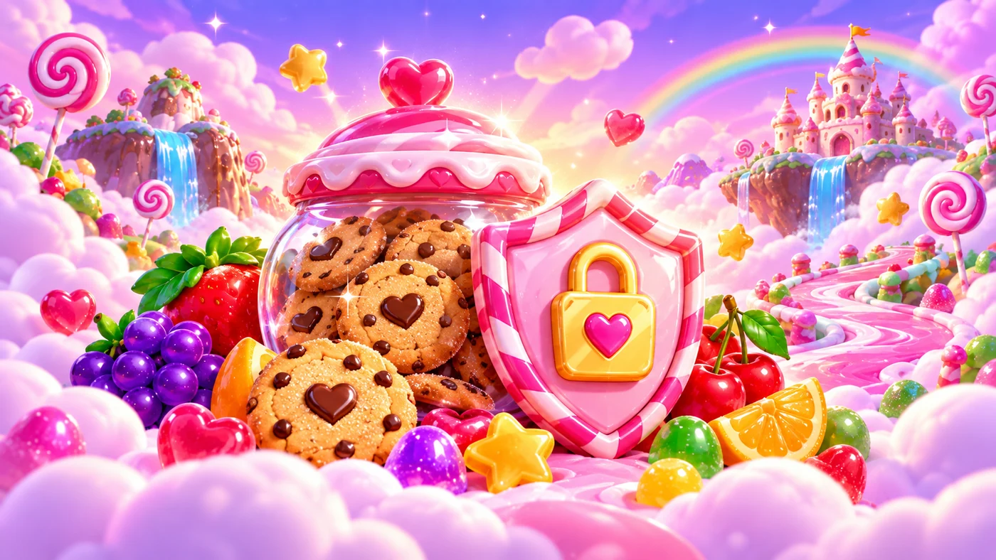 A candy-coloured shield and a jar of cookies in a fruit-filled landscape