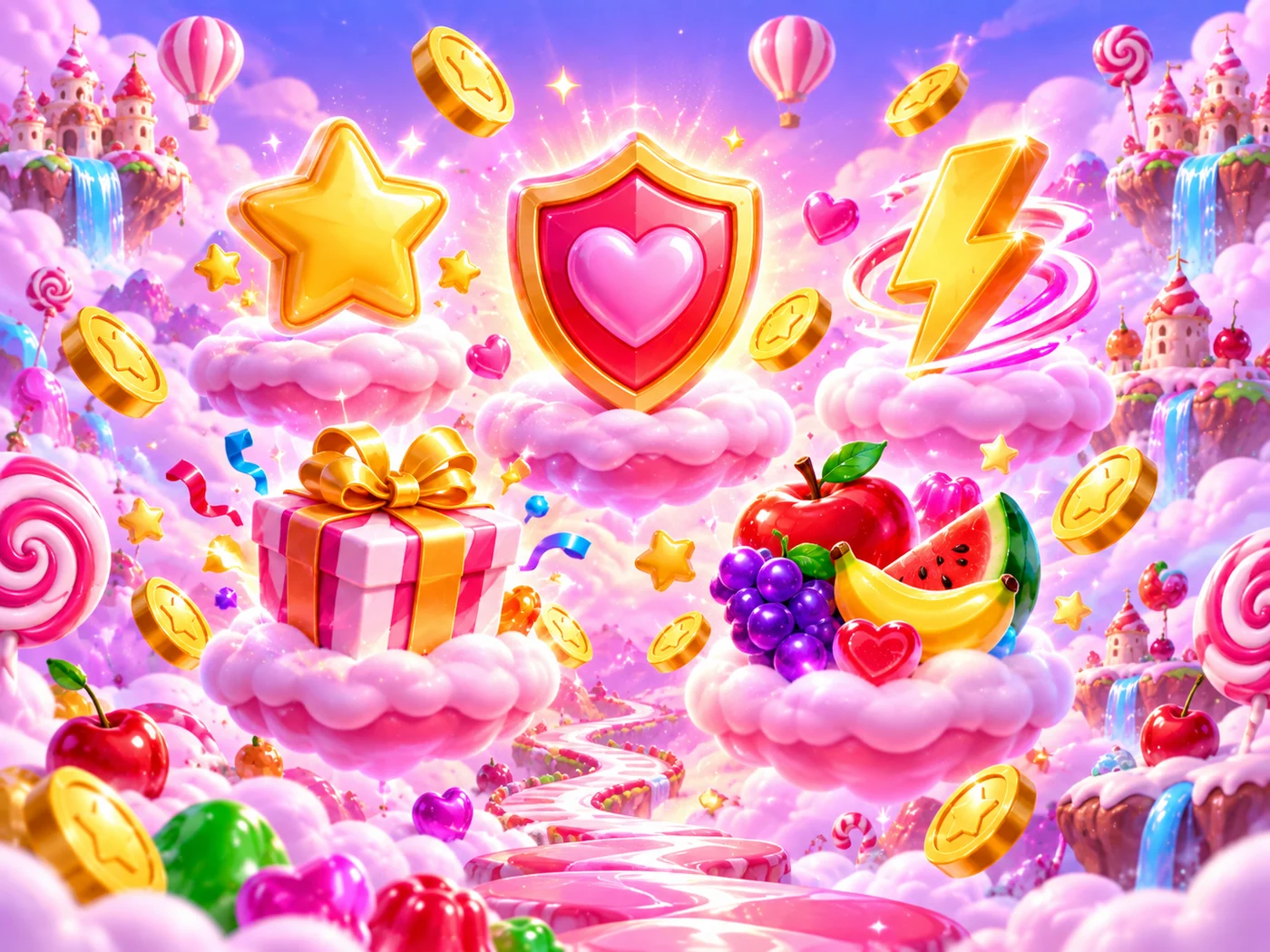 Golden stars, a heart shield, fruit and ribboned gifts among pink candy clouds