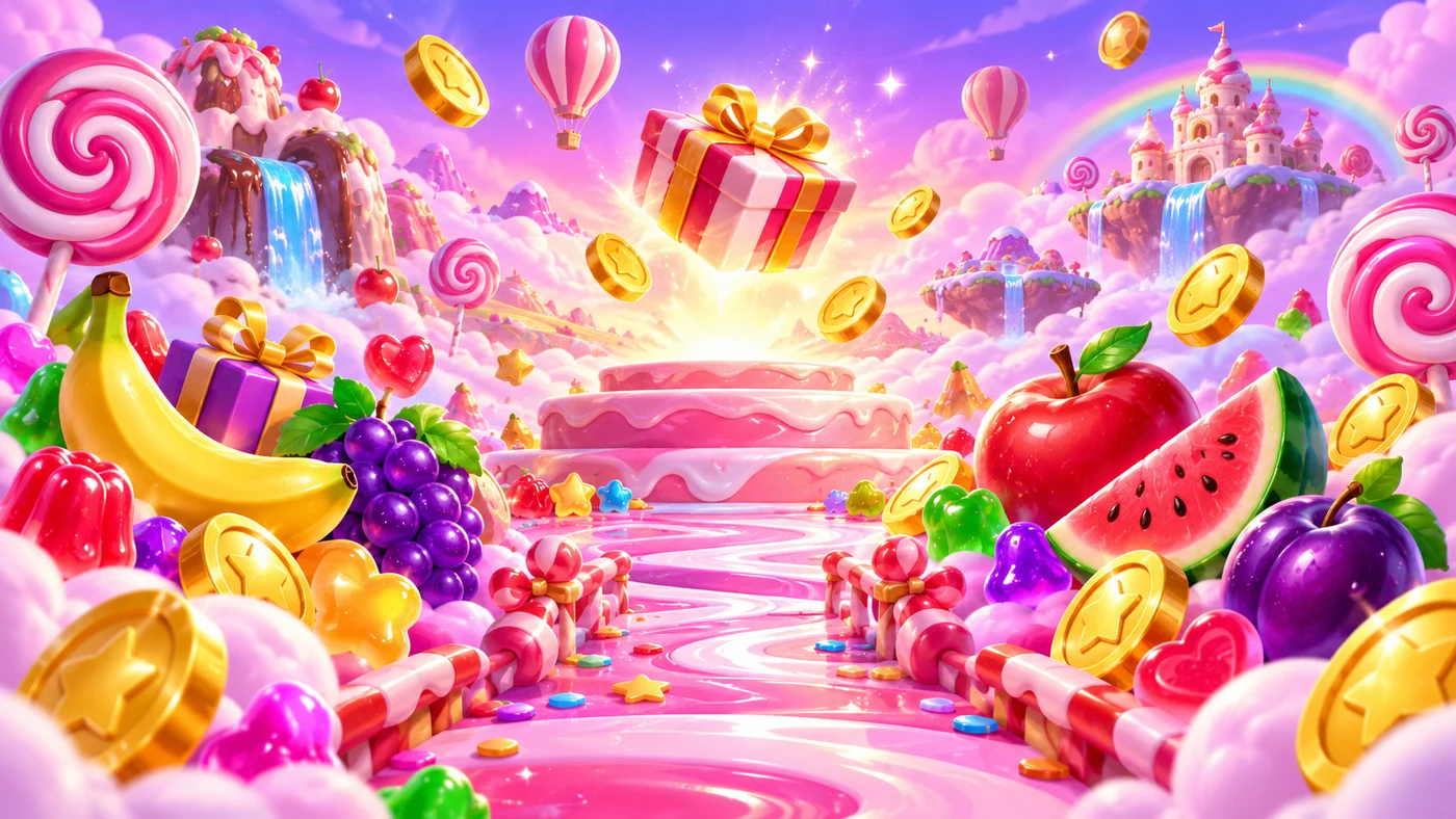 A pink candy kingdom with lollipops, glossy fruit and a floating ribboned present