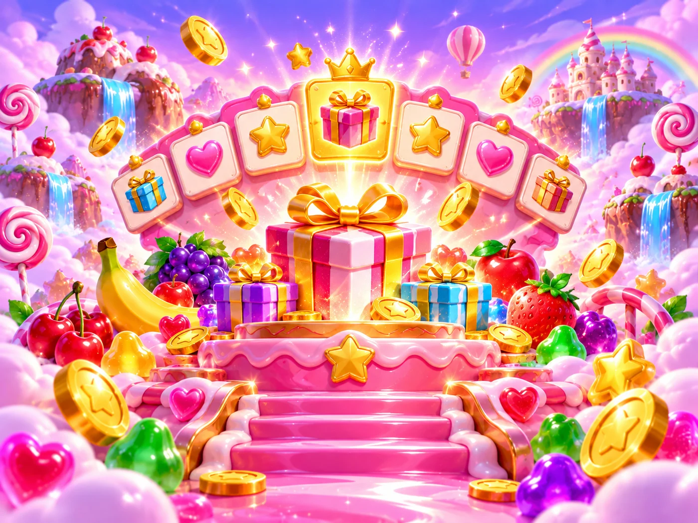 Ribboned gifts on a pink candy stage under a decorative reward arch