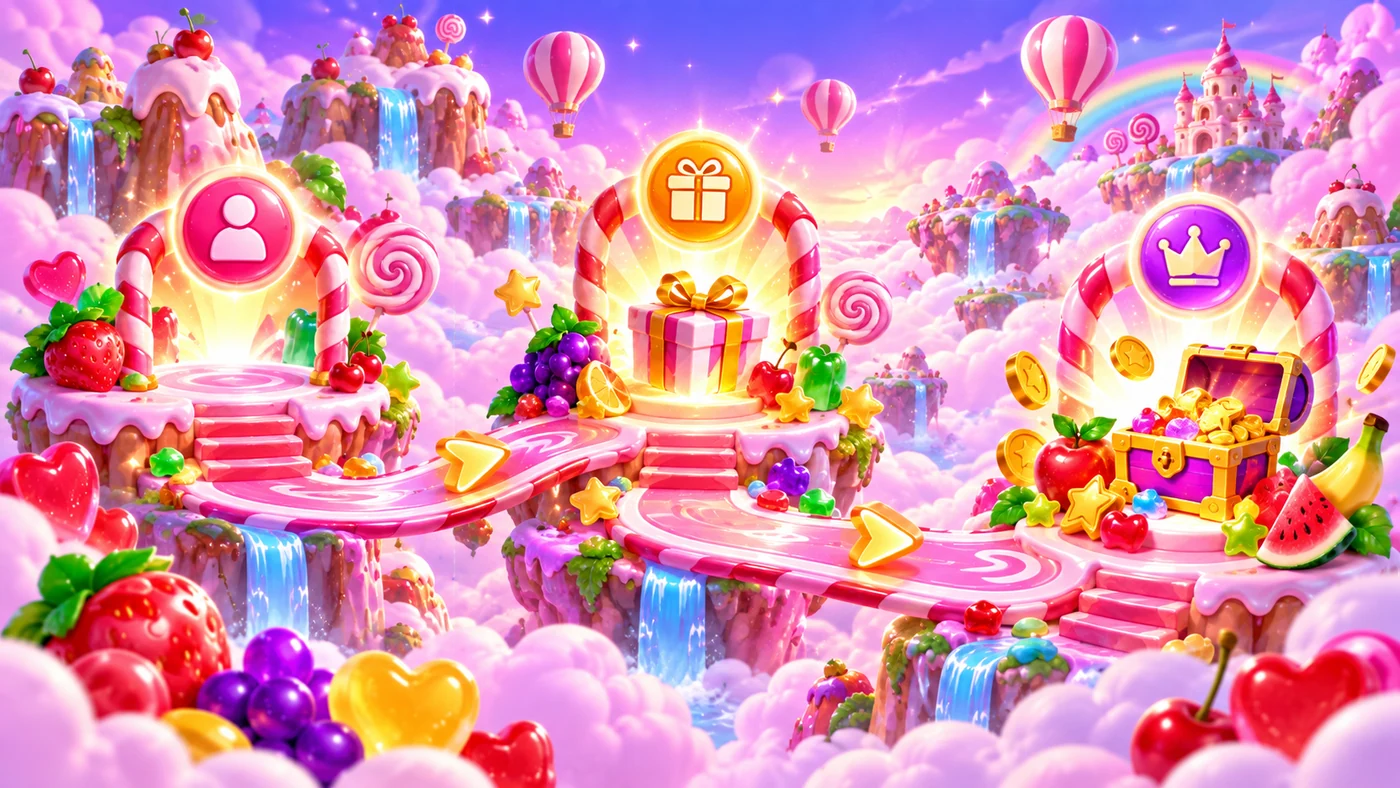 Three candy islands connected by a pink ribbon-like path